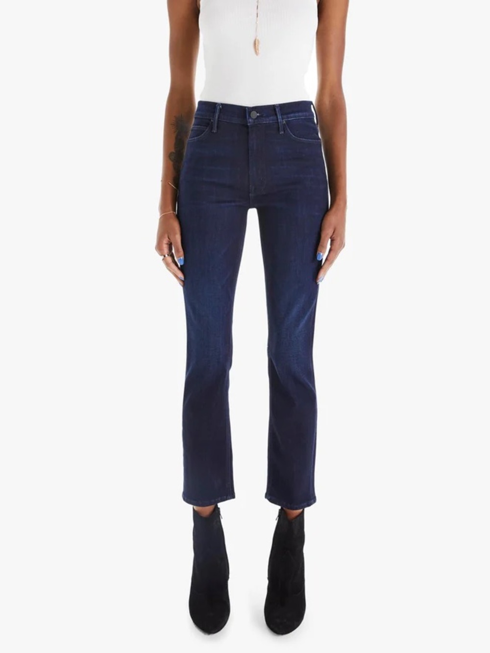 MOTHER The Mid Rise Dazzler Ankle Jean in Now or Never Crop Slim High Rise Blue